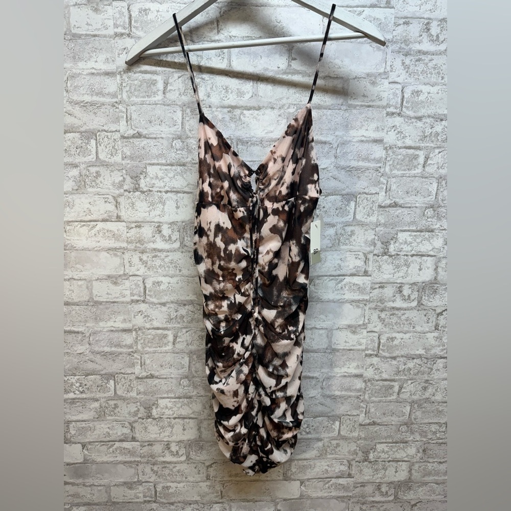 bp Ruched Mini Dress in Brown and Cream Abstract Print